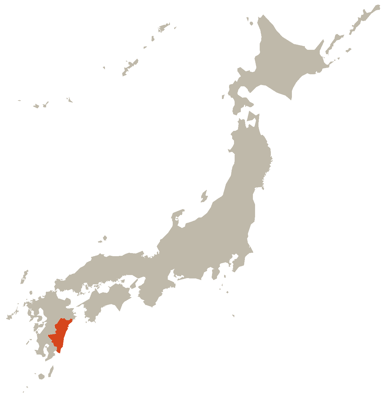 Map of Japan highlighting Miyazaki Prefecture on the southeast coast of Kyushu in southern Japan