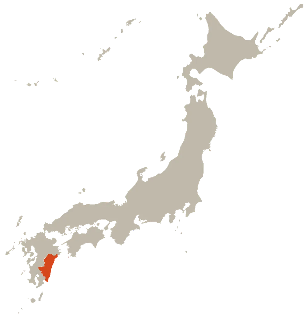 Map of Japan highlighting Miyazaki Prefecture on the southeast coast of Kyushu in southern Japan